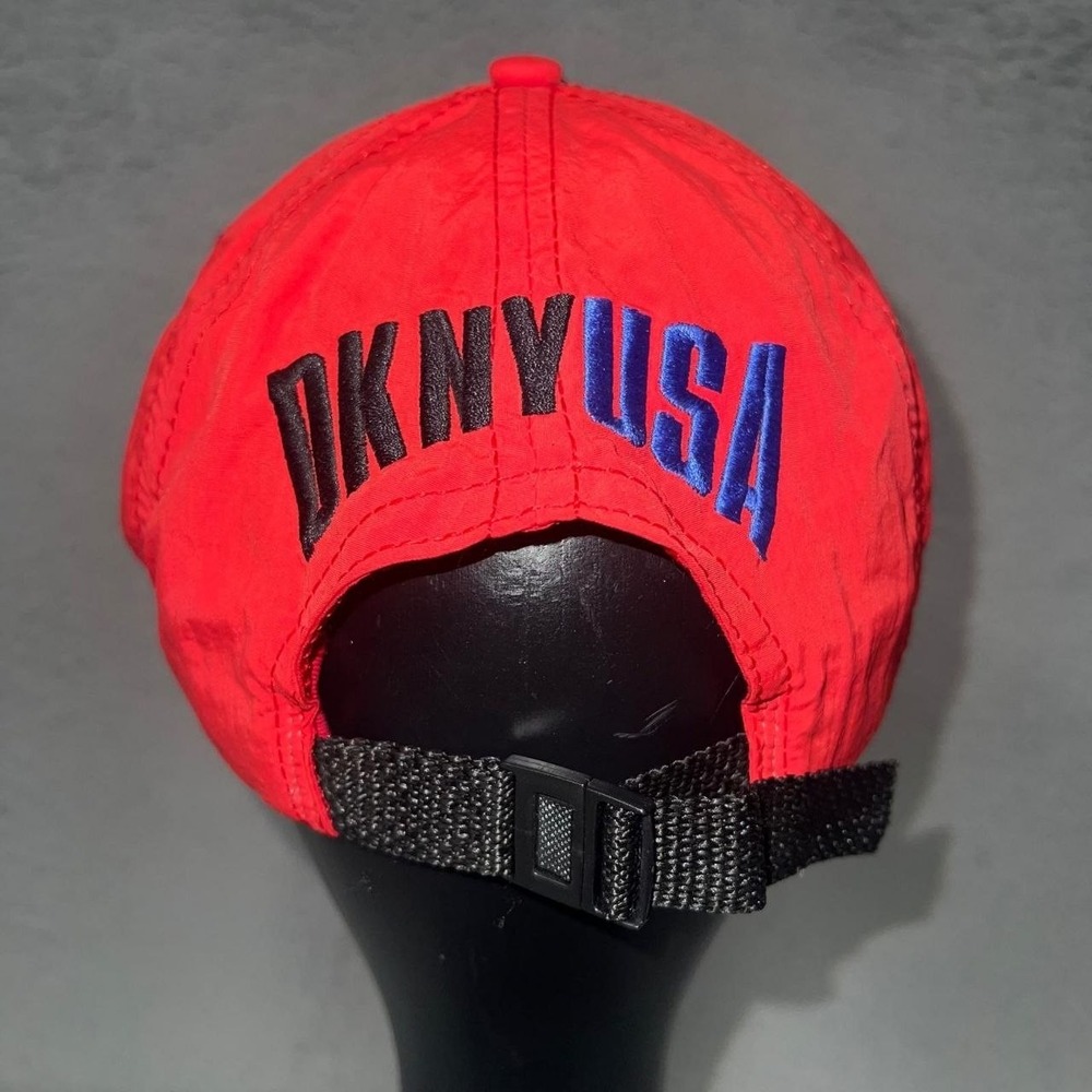 VTG DKNY USA Baseball Cap Red Nylon Embroidered Logo Made In USA Strapback Hat